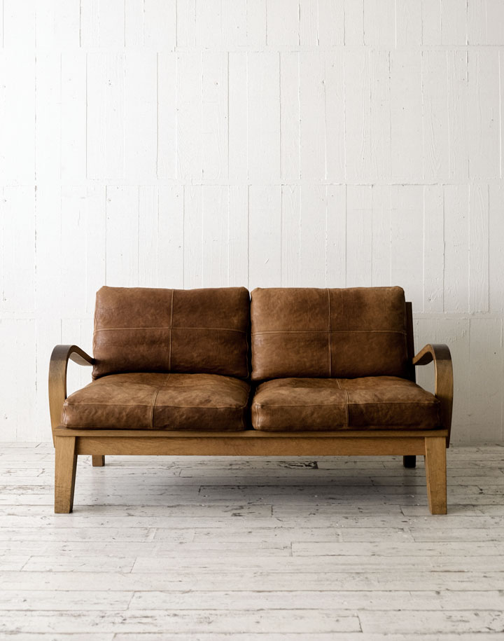 FURROWED-LEATHER OAK FRAME SOFA 2-SEATER